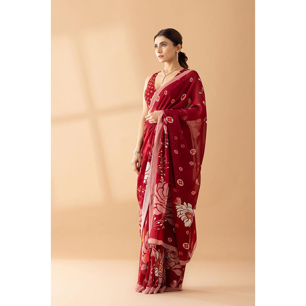 Thee Modern Roots Heavenly Blooms Red Printed and Embellished Georgette Saree with Unstitched Blouse