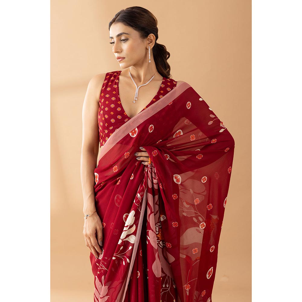Thee Modern Roots Heavenly Blooms Red Printed and Embellished Georgette Saree with Unstitched Blouse