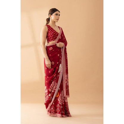 Thee Modern Roots Heavenly Blooms Red Printed and Embellished Georgette Saree with Unstitched Blouse