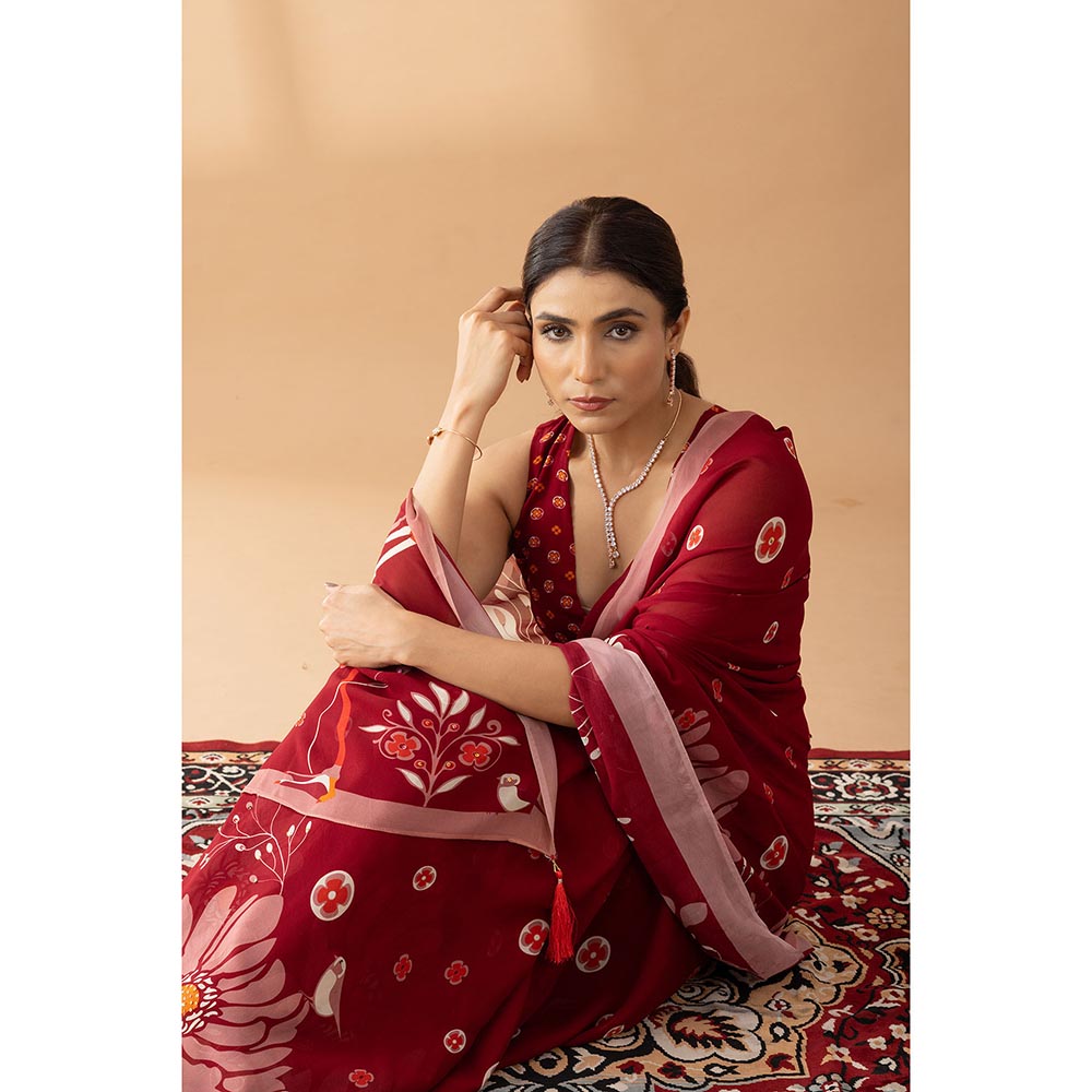 Thee Modern Roots Heavenly Blooms Red Printed and Embellished Georgette Saree with Unstitched Blouse