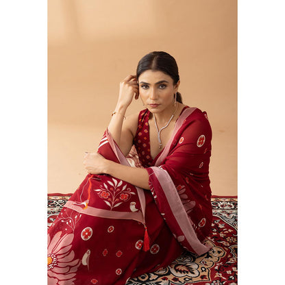 Thee Modern Roots Heavenly Blooms Red Printed and Embellished Georgette Saree with Unstitched Blouse