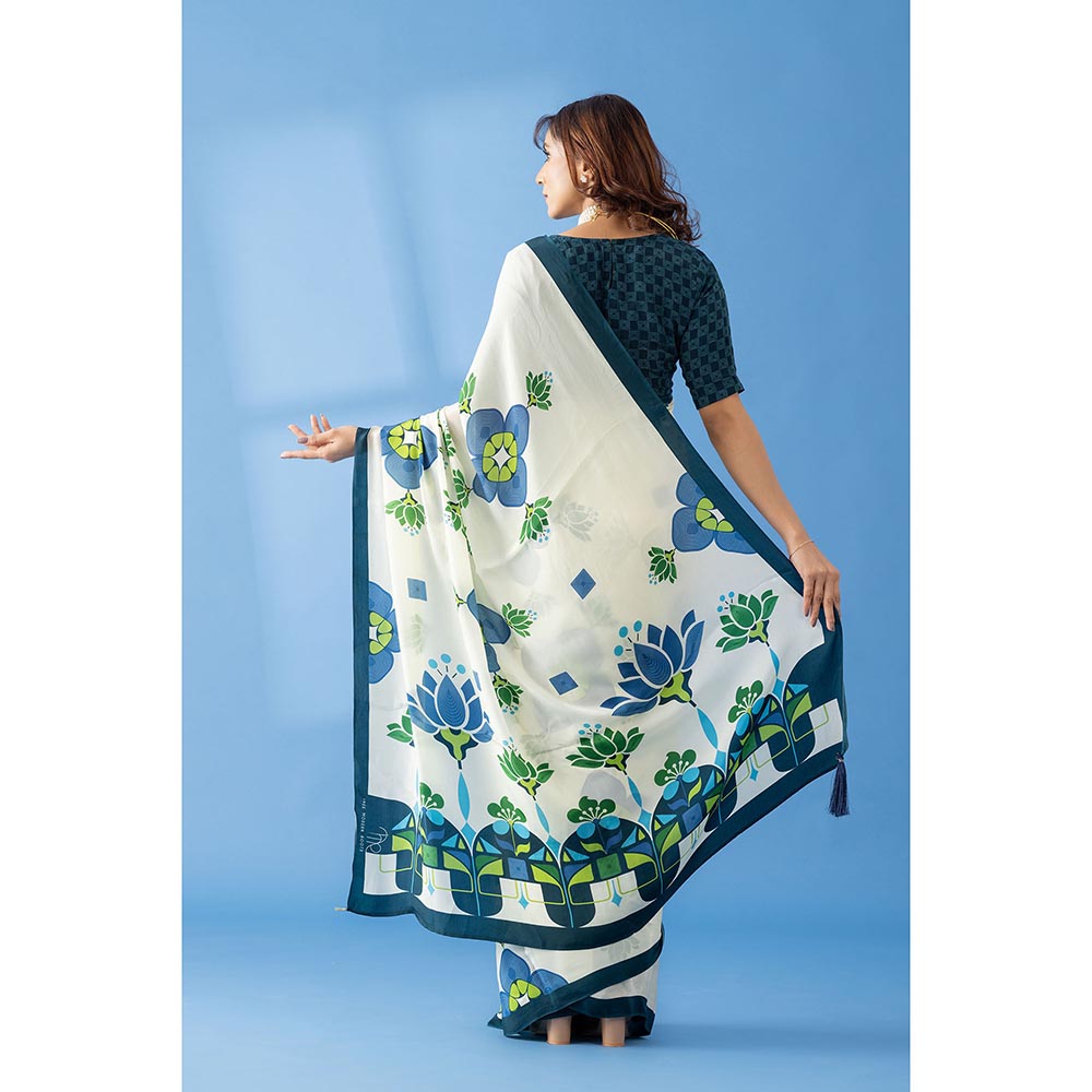Thee Modern Roots Ivory Lotus Floral Printed Crepe Designer Saree with Unstitched Blouse