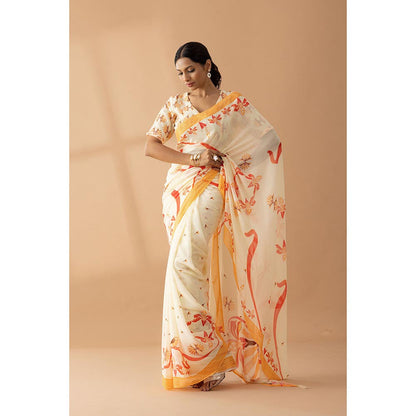 Thee Modern Roots Carnival Ivory & Orange Printed Georgette Saree with Unstitched Blouse