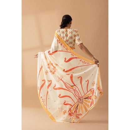 Thee Modern Roots Carnival Ivory & Orange Printed Georgette Saree with Unstitched Blouse