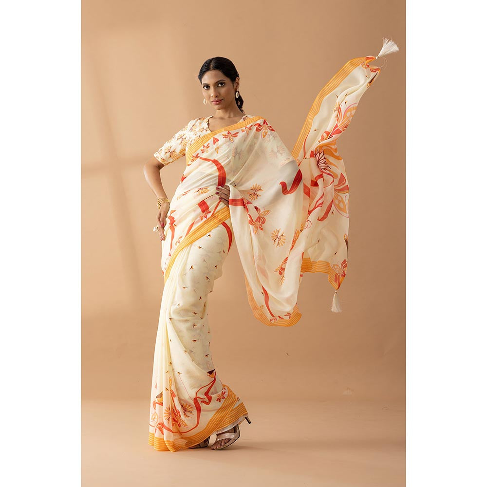Thee Modern Roots Carnival Ivory & Orange Printed Georgette Saree with Unstitched Blouse