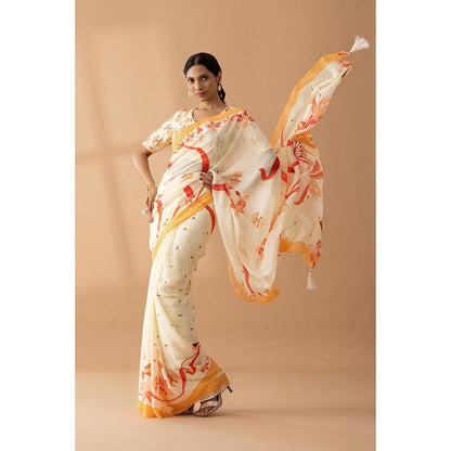 Thee Modern Roots Carnival Ivory & Orange Printed Georgette Saree with Unstitched Blouse