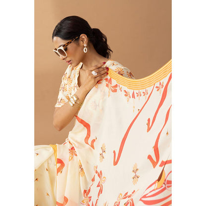 Thee Modern Roots Carnival Ivory & Orange Printed Georgette Saree with Unstitched Blouse