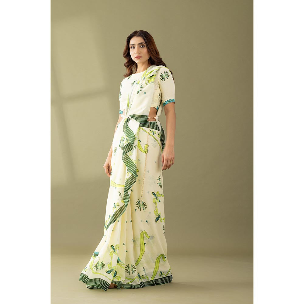 Thee Modern Roots Kaleidoscope Garden Ivory & Green Printed Georgette Saree with Unstitched Blouse