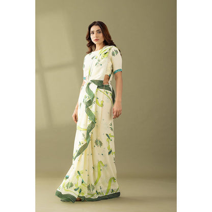 Thee Modern Roots Kaleidoscope Garden Ivory & Green Printed Georgette Saree with Unstitched Blouse