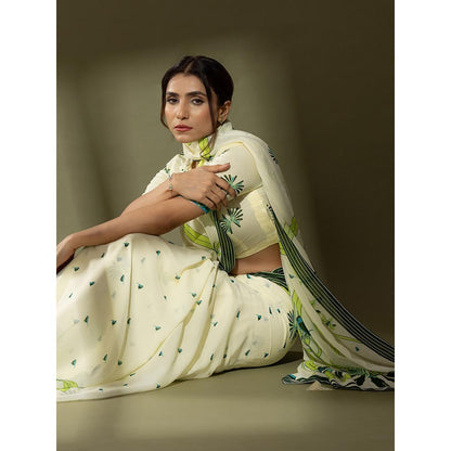 Thee Modern Roots Kaleidoscope Garden Ivory & Green Printed Georgette Saree with Unstitched Blouse