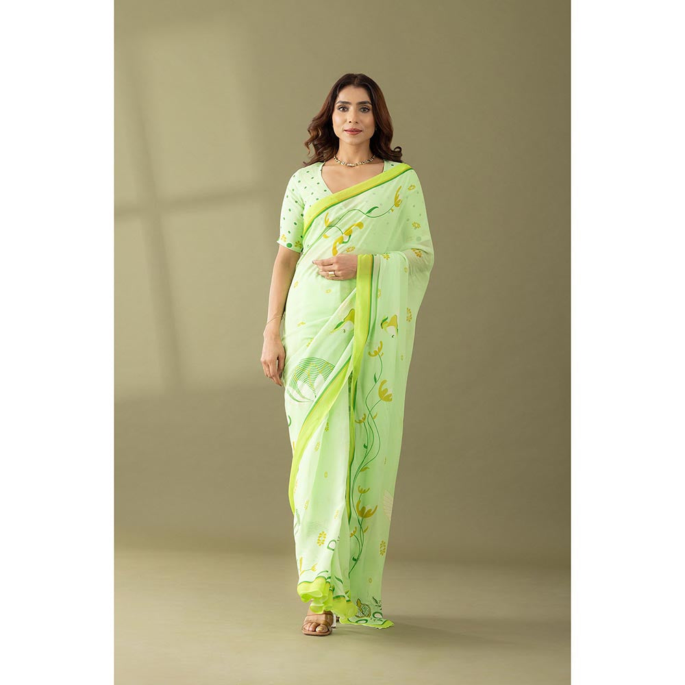 Thee Modern Roots Light Green Floral Printed Georgette Saree with Unstitched Blouse