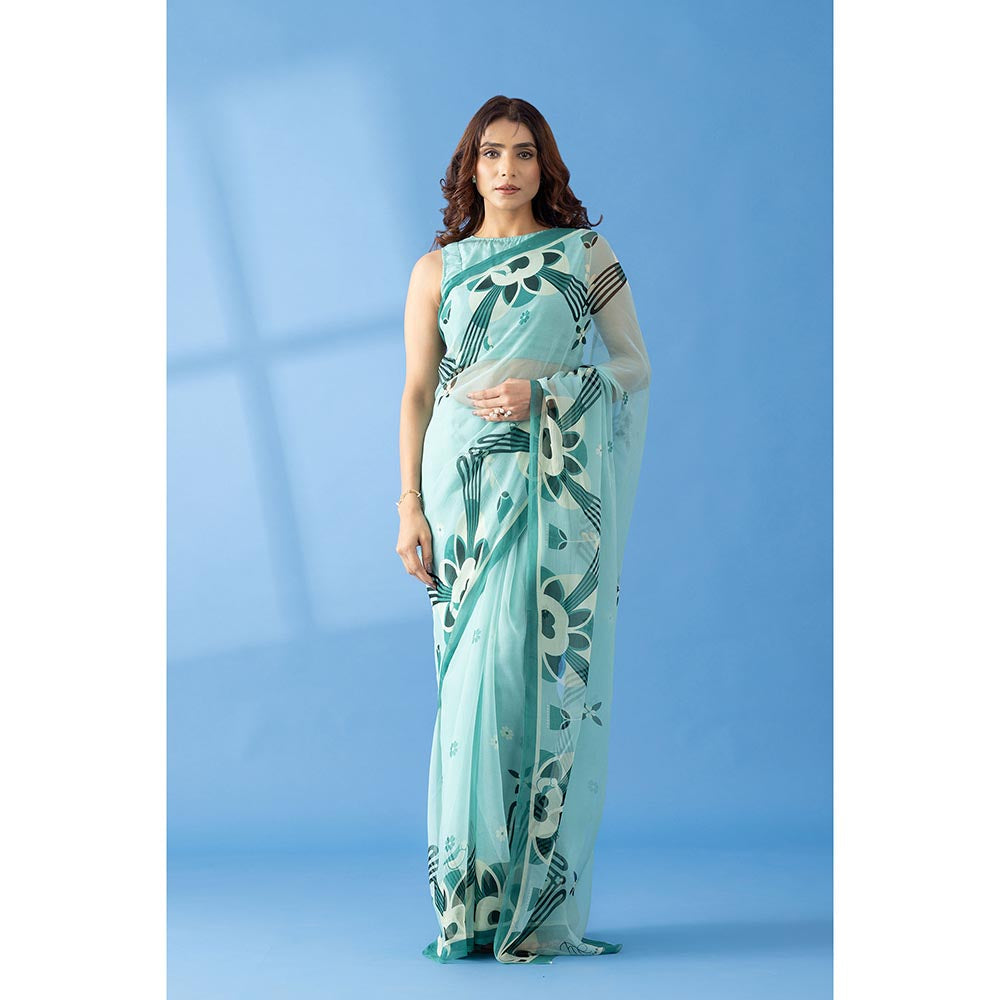 Thee Modern Roots Majestic Peaks Sea Blue Printed Chiffon Saree with Unstitched Blouse