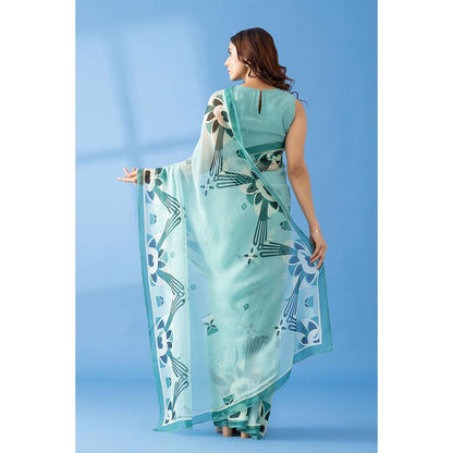 Thee Modern Roots Majestic Peaks Sea Blue Printed Chiffon Saree with Unstitched Blouse