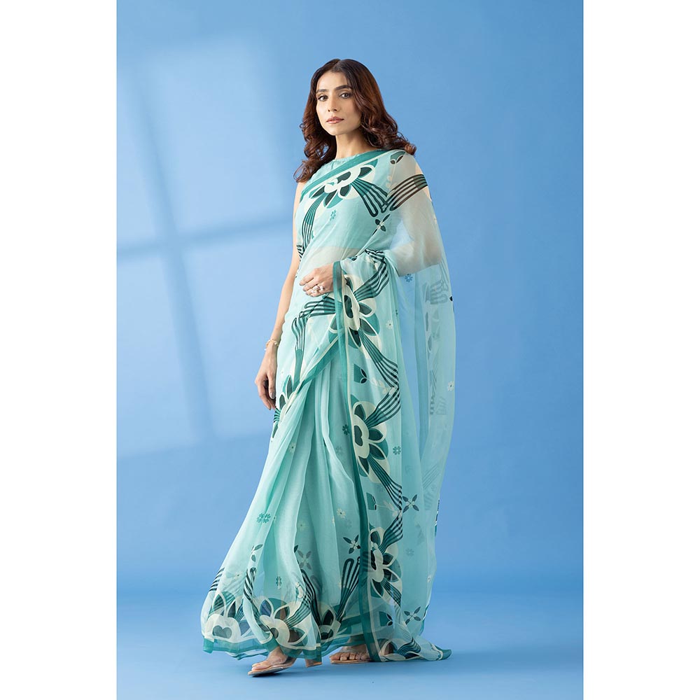 Thee Modern Roots Majestic Peaks Sea Blue Printed Chiffon Saree with Unstitched Blouse