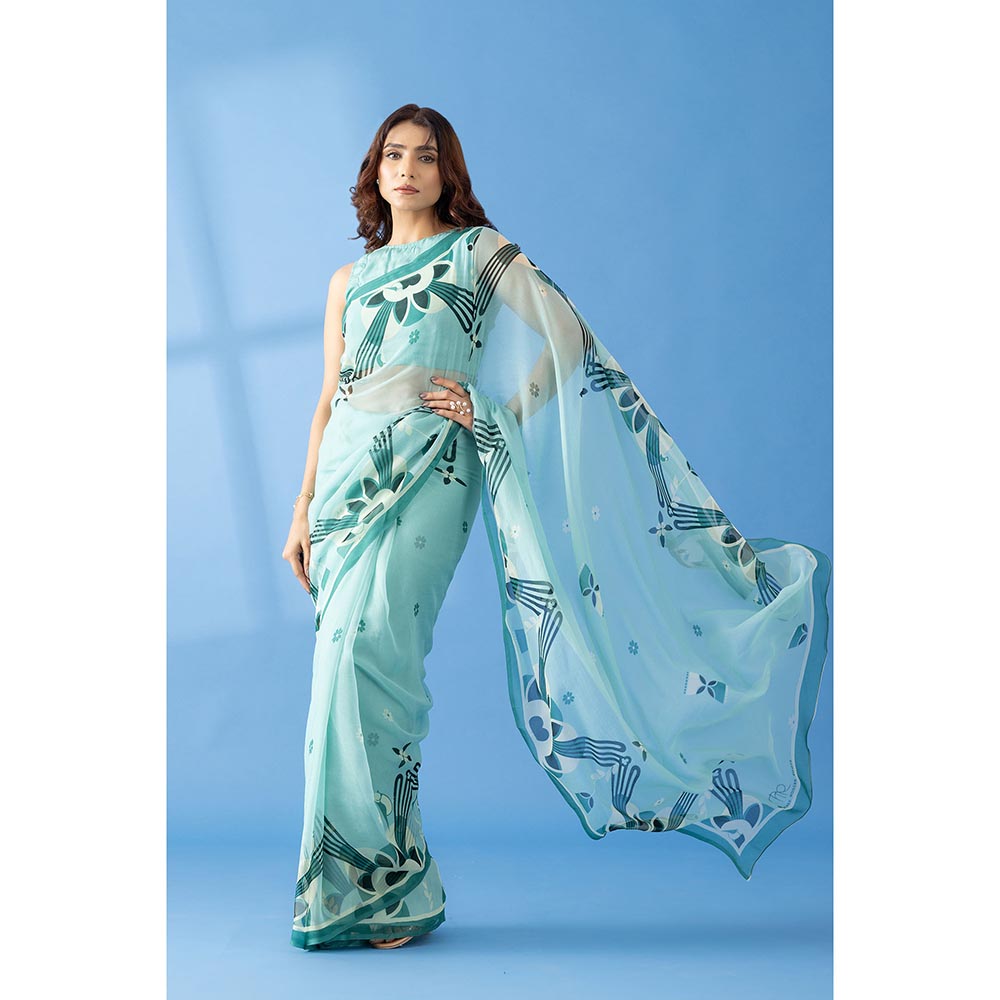 Thee Modern Roots Majestic Peaks Sea Blue Printed Chiffon Saree with Unstitched Blouse