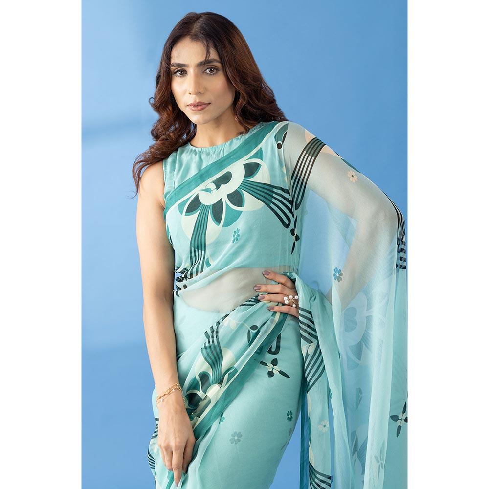 Thee Modern Roots Majestic Peaks Sea Blue Printed Chiffon Saree with Unstitched Blouse