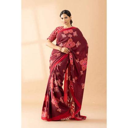 Thee Modern Roots Maroon Lotus Floral Printed Crepe Designer Saree with Unstitched Blouse