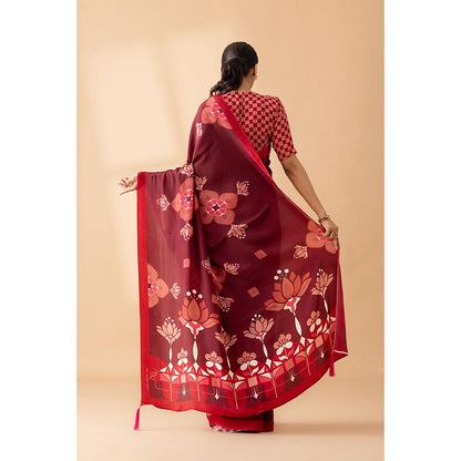 Thee Modern Roots Maroon Lotus Floral Printed Crepe Designer Saree with Unstitched Blouse