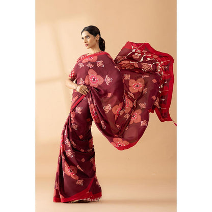 Thee Modern Roots Maroon Lotus Floral Printed Crepe Designer Saree with Unstitched Blouse