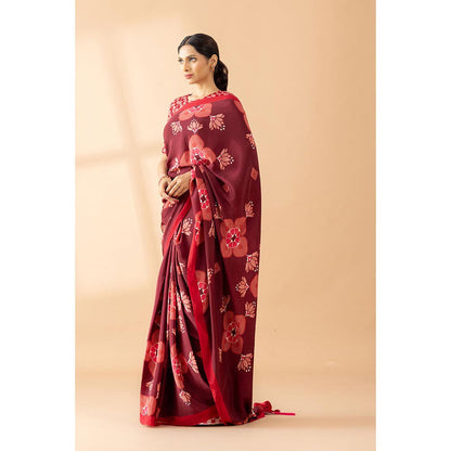 Thee Modern Roots Maroon Lotus Floral Printed Crepe Designer Saree with Unstitched Blouse