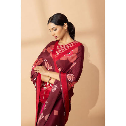 Thee Modern Roots Maroon Lotus Floral Printed Crepe Designer Saree with Unstitched Blouse