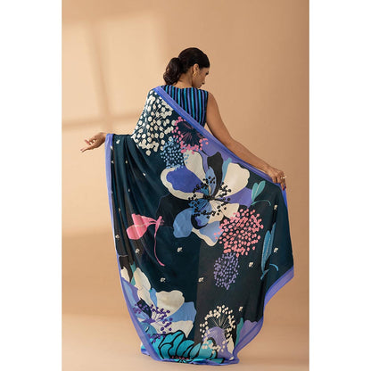 Thee Modern Roots Navy Blue Floral Printed and Embroidered Crepe Saree with Unstitched Blouse