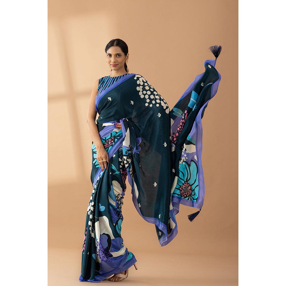 Thee Modern Roots Navy Blue Floral Printed and Embroidered Crepe Saree with Unstitched Blouse