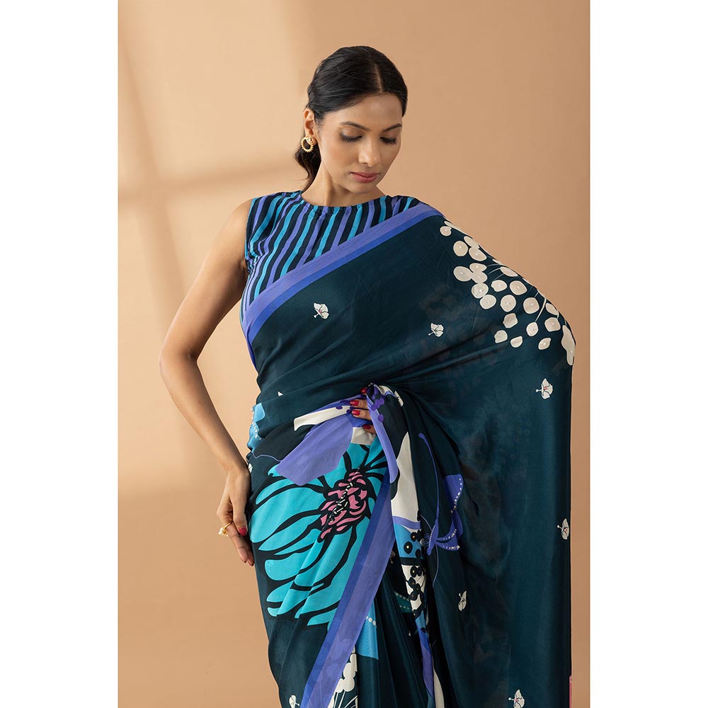 Thee Modern Roots Navy Blue Floral Printed and Embroidered Crepe Saree with Unstitched Blouse