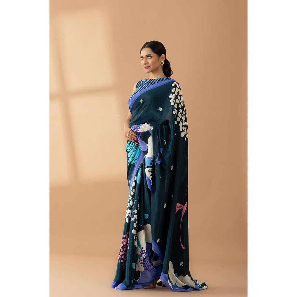 Thee Modern Roots Navy Blue Floral Printed and Embroidered Crepe Saree with Unstitched Blouse