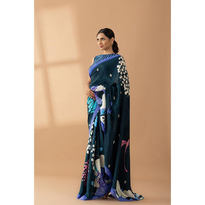 Thee Modern Roots Navy Blue Floral Printed and Embroidered Crepe Saree with Unstitched Blouse
