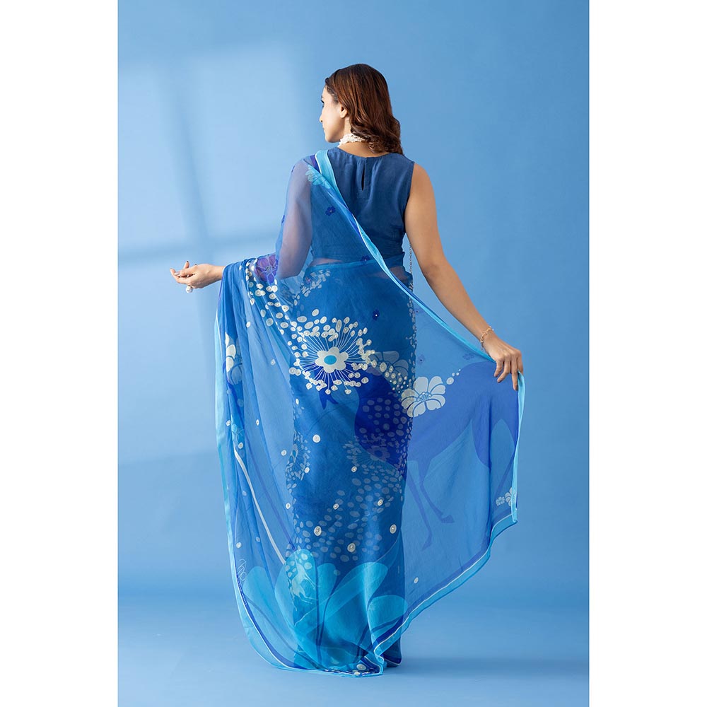Thee Modern Roots Mystical Cobalt Blue Printed and Embellished Chiffon Saree with Unstitched Blouse