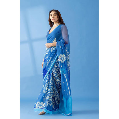 Thee Modern Roots Mystical Cobalt Blue Printed and Embellished Chiffon Saree with Unstitched Blouse