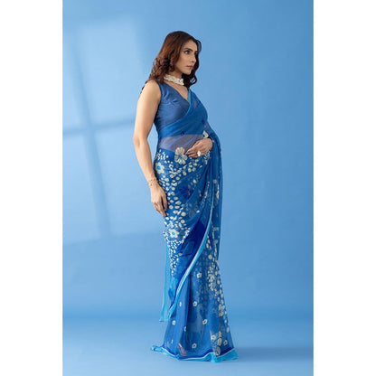 Thee Modern Roots Mystical Cobalt Blue Printed and Embellished Chiffon Saree with Unstitched Blouse
