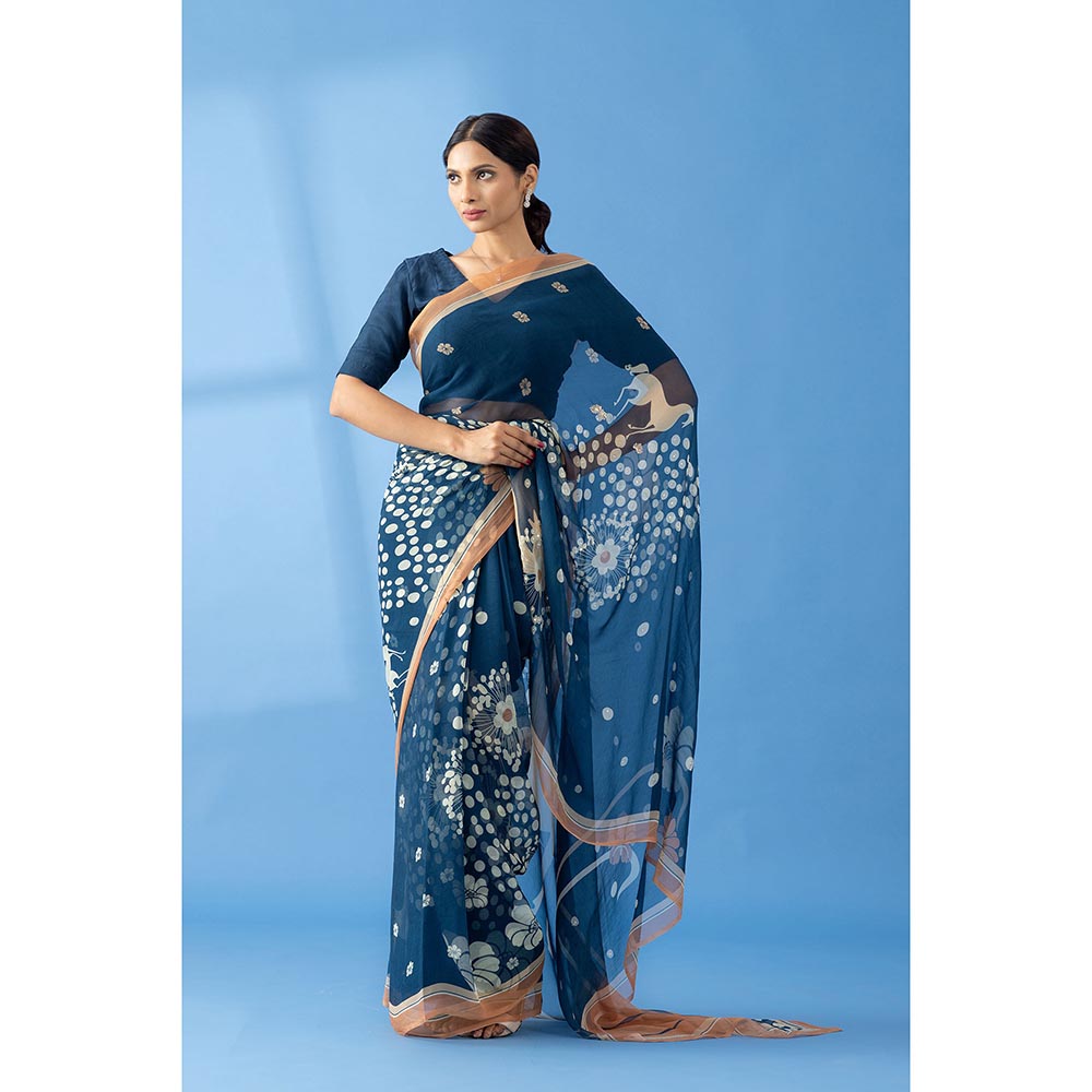 Thee Modern Roots Mystical Navy Blue Printed and Embellished Chiffon Saree with Unstitched Blouse