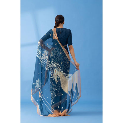 Thee Modern Roots Mystical Navy Blue Printed and Embellished Chiffon Saree with Unstitched Blouse
