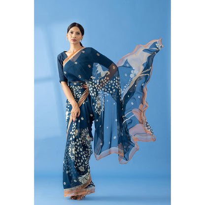 Thee Modern Roots Mystical Navy Blue Printed and Embellished Chiffon Saree with Unstitched Blouse