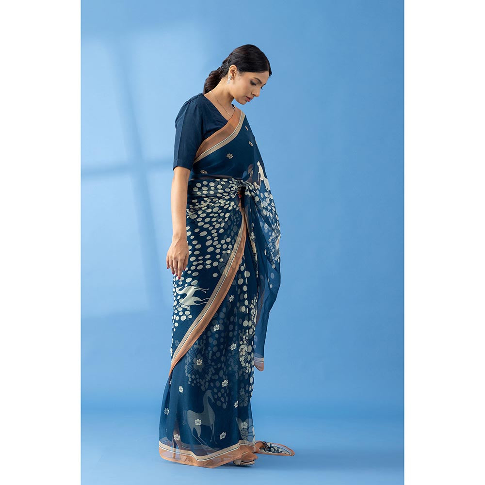 Thee Modern Roots Mystical Navy Blue Printed and Embellished Chiffon Saree with Unstitched Blouse
