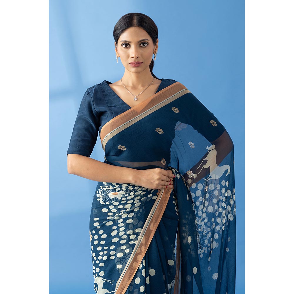 Thee Modern Roots Mystical Navy Blue Printed and Embellished Chiffon Saree with Unstitched Blouse
