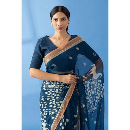 Thee Modern Roots Mystical Navy Blue Printed and Embellished Chiffon Saree with Unstitched Blouse