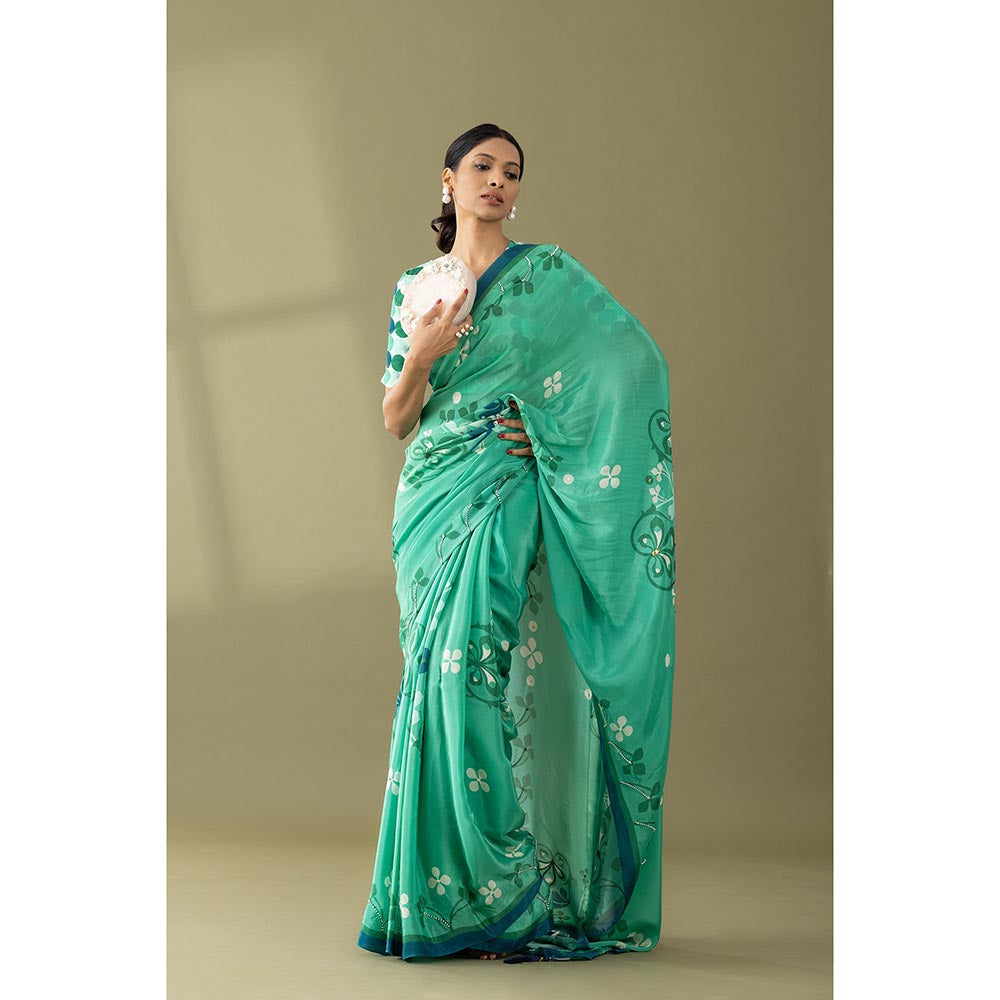 Thee Modern Roots Sea Green Floral Printed and Embroidered Crepe with Unstitched Blouse