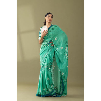 Thee Modern Roots Sea Green Floral Printed and Embroidered Crepe with Unstitched Blouse