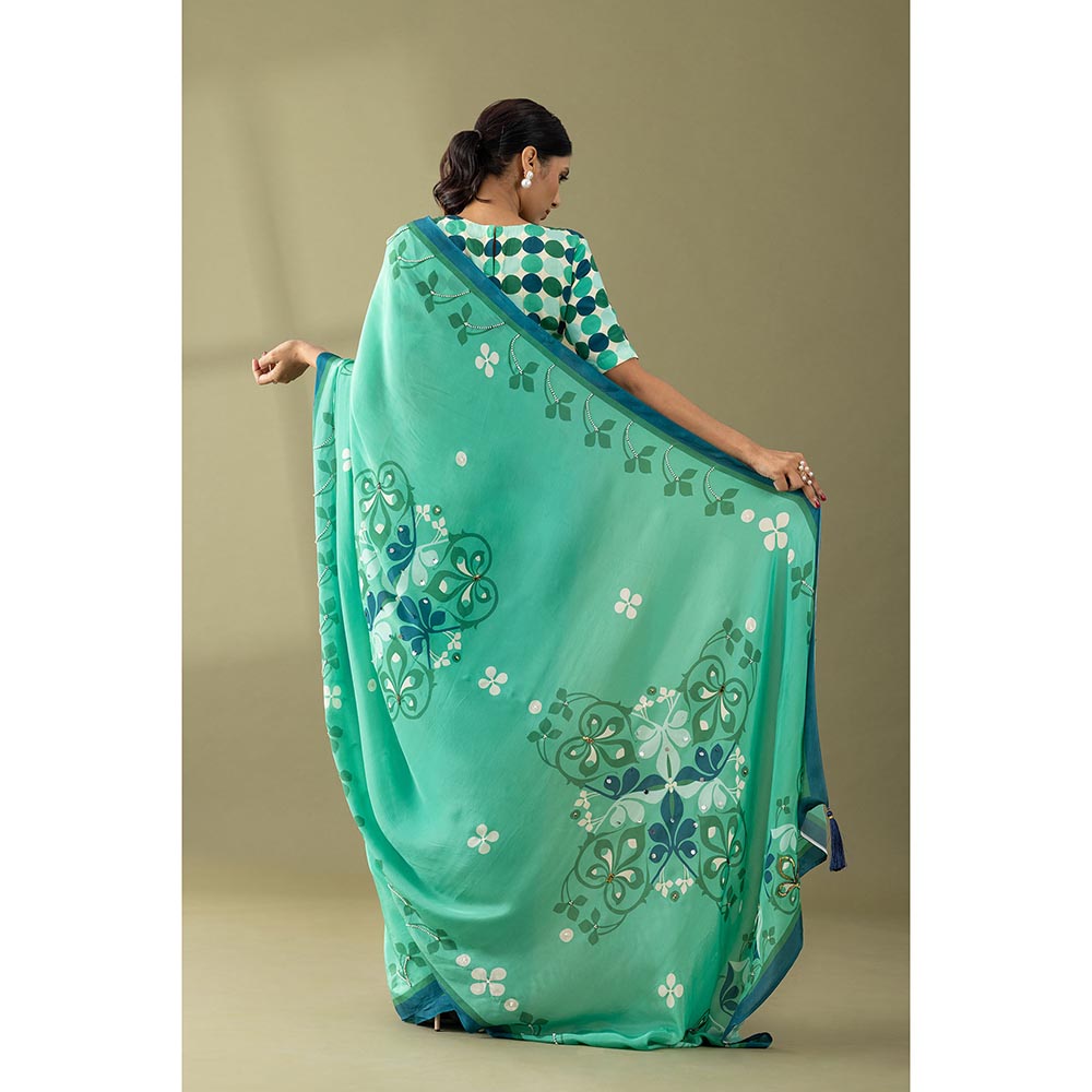 Thee Modern Roots Sea Green Floral Printed and Embroidered Crepe with Unstitched Blouse