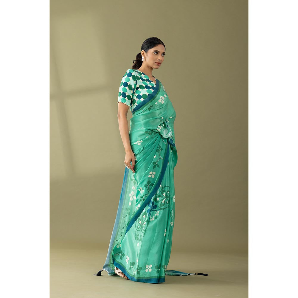 Thee Modern Roots Sea Green Floral Printed and Embroidered Crepe with Unstitched Blouse