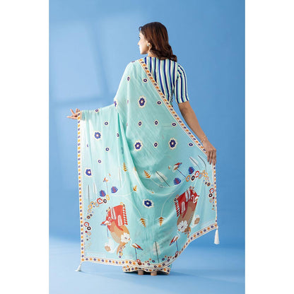 Thee Modern Roots Sky Blue Classic Charm Printed Crepe Saree with Unstitched Blouse