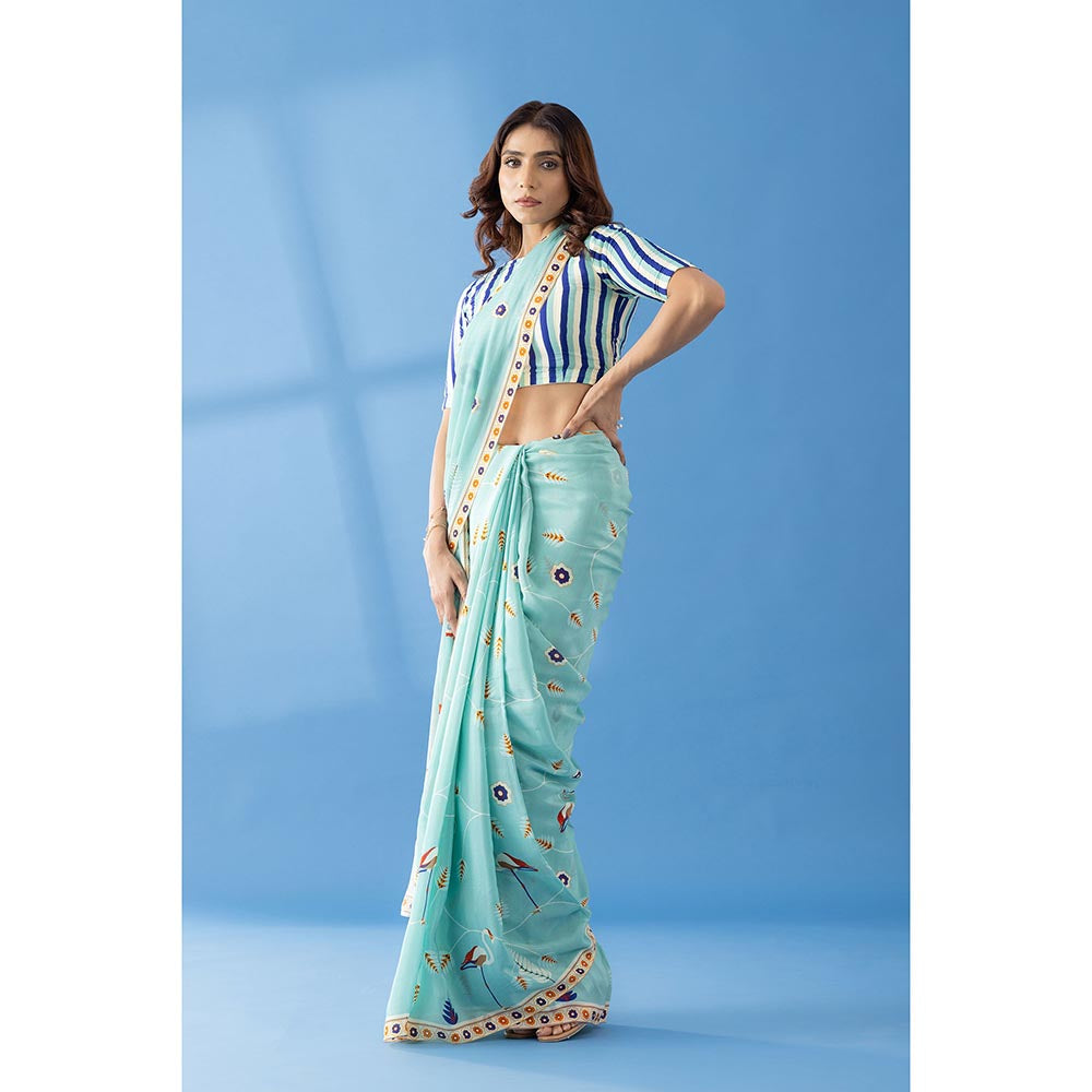 Thee Modern Roots Sky Blue Classic Charm Printed Crepe Saree with Unstitched Blouse