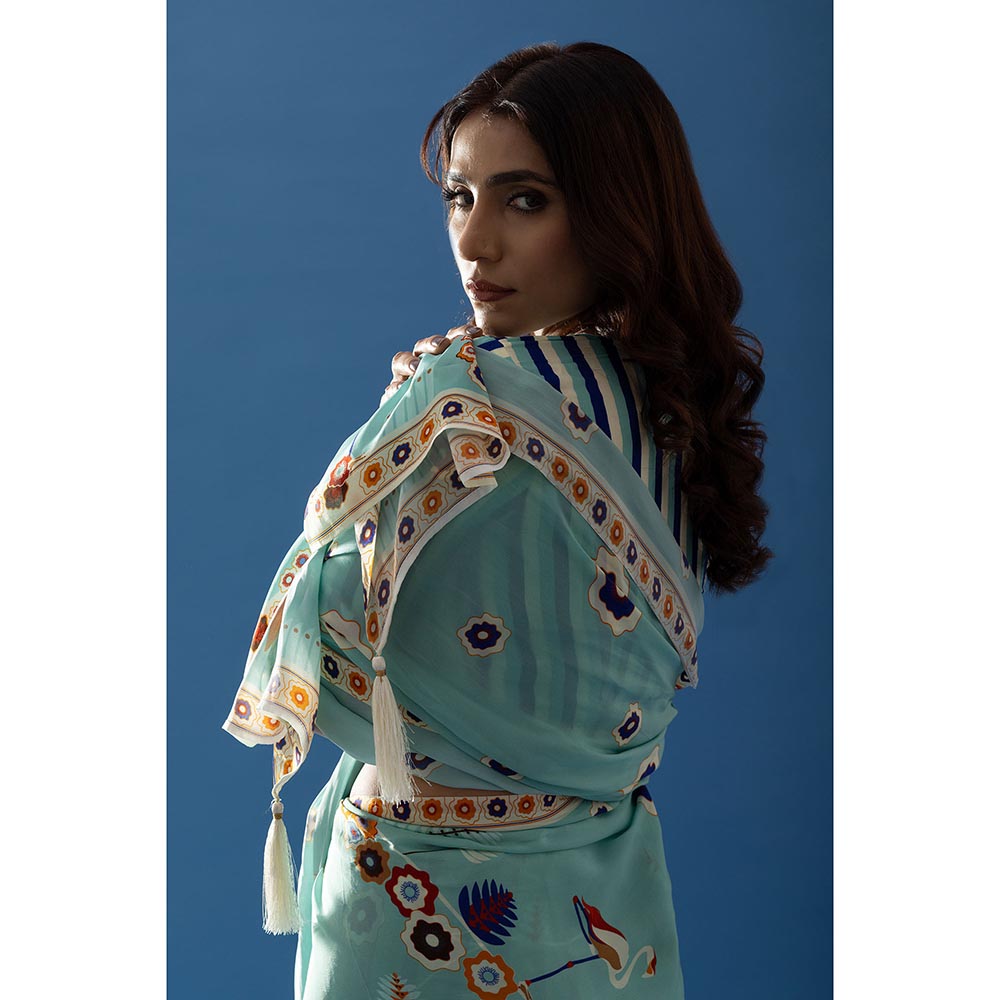 Thee Modern Roots Sky Blue Classic Charm Printed Crepe Saree with Unstitched Blouse
