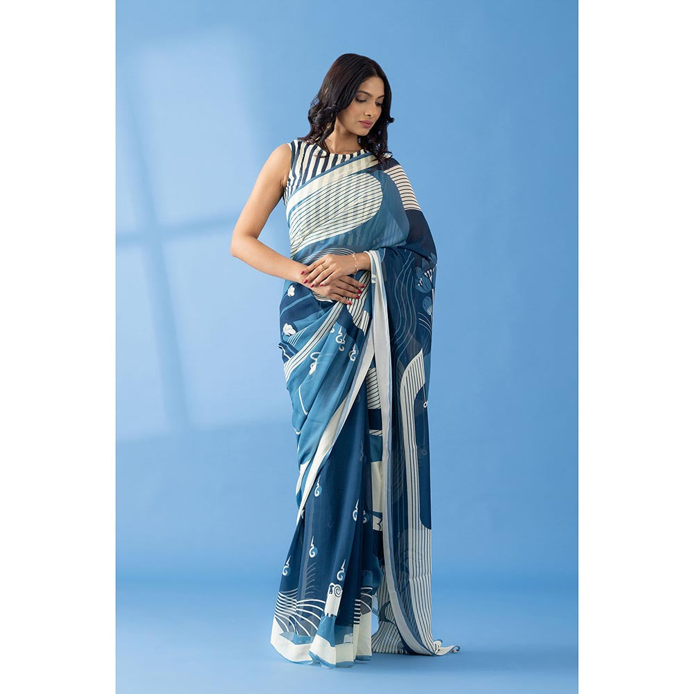 Thee Modern Roots Slate Blue Abstract Printed Georgette Saree with Unstitched Blouse