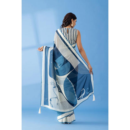 Thee Modern Roots Slate Blue Abstract Printed Georgette Saree with Unstitched Blouse