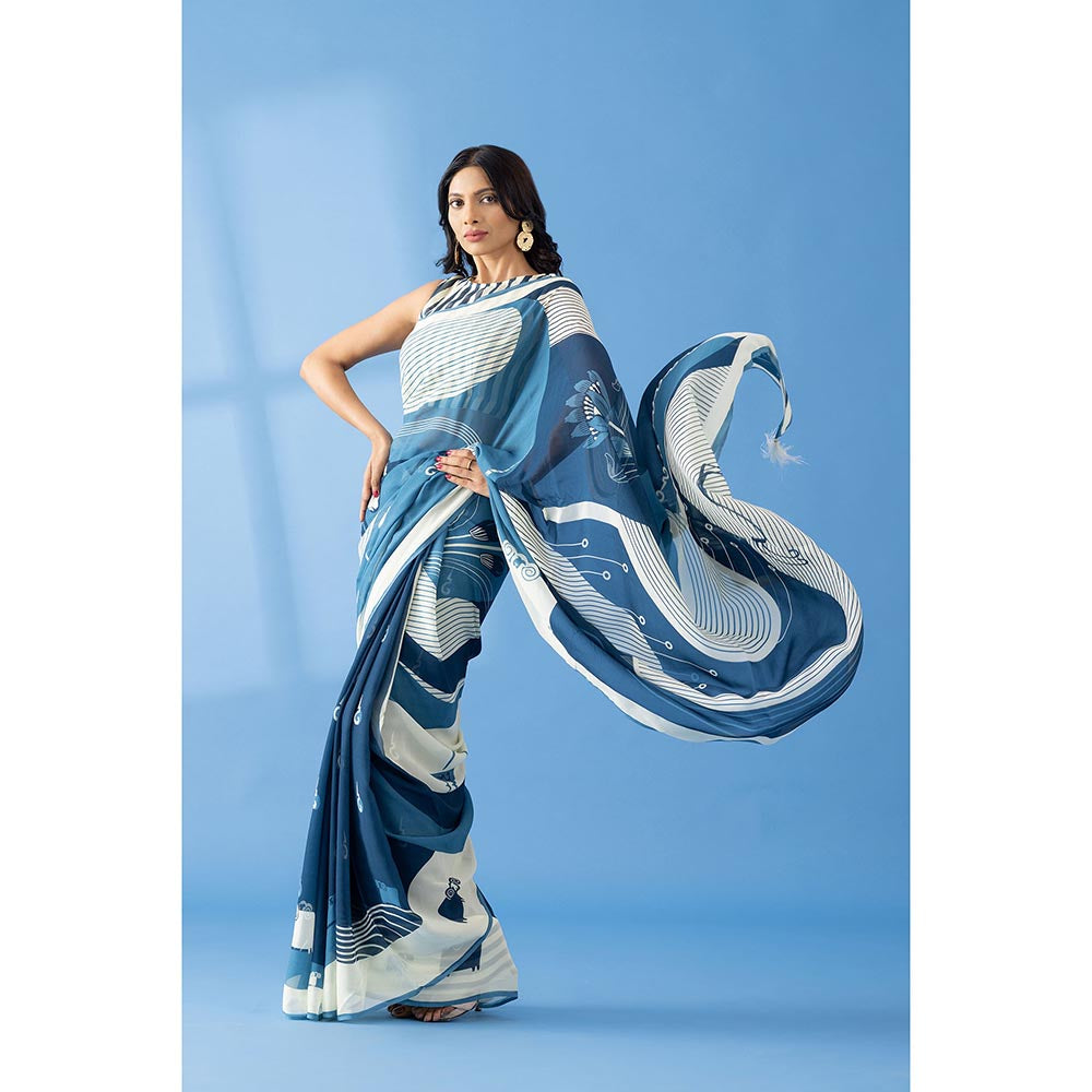 Thee Modern Roots Slate Blue Abstract Printed Georgette Saree with Unstitched Blouse