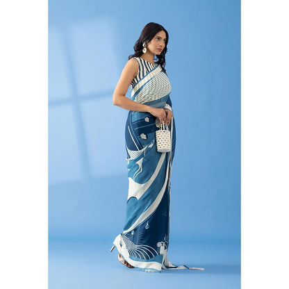 Thee Modern Roots Slate Blue Abstract Printed Georgette Saree with Unstitched Blouse